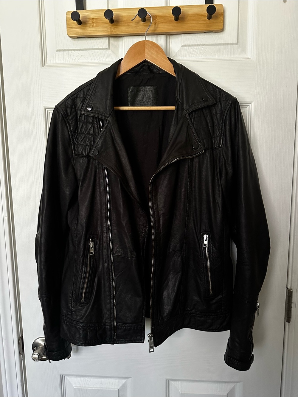 AllSaints Black Leather Bomber Jacket Kushiro